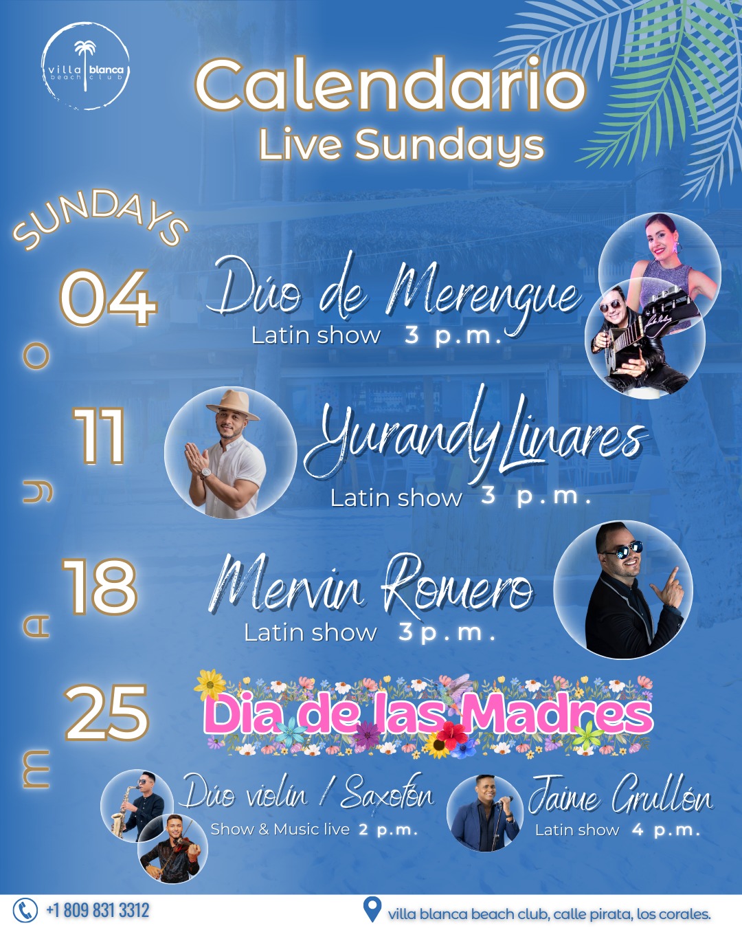 🎶🌴 Te presentamos nuestro calendario de eventos para los Live Sundays en Villa Blanca Beach Club 🌞🎤
Cada domingo es una nueva oportunidad para disfrutar de la música en vivo en nuestro paraíso frente al mar.
Acompáñanos y vive:
🍽️ Sabores irresistibles de nuestra cocina
🍹 Cócteles refrescantes y bebidas variadas
🍧 Gelatos cremosos
🛋️ Tumbonas con una vista espectacular al océano
👧🧒 Y un área dedicada a los más pequeños de la casa, con personal capacitado para su cuidado y entretenimiento.
Todo en un ambiente seguro, familiar y relajado, con la atención cercana que nos representa.
📅 No te pierdas ninguno de nuestros shows. Reserva con tiempo y comparte momentos inolvidables junto a los que más quieres.
¡Domingos llenos de ritmo, sabor y brisa marina te esperan en Villa Blanca!
📍Estamos ubicados en Calle Pirata, Los Corales, Bávaro, Punta Cana, La Altagracia, Bávaro.
📲 Reserva ahora tu palapa o casita en el link de nuestra biografía o en nuestro DM
#LiveSundays #VillaBlancaBeachClub #EventosVillaBlanca #DomingosDePlaya #MúsicaEnVivo #BávaroPuntaCana