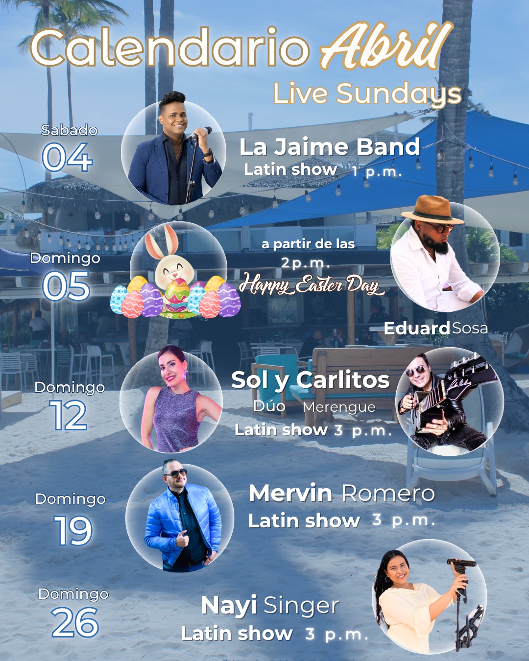 ¡Te presentamos nuestro calendario para TODOS fines de semana de Abril 2026! 🥳

Cada domingo tendremos para ti música en vivo, donde podrás relajarte y disfrutar al máximo. 🎼🎤

Nuestro ambiente familiar con parque infantil  y tumbonas frente a la playa, serán el escenario perfecto para los mejores recuerdos para toda la familia👨👩👧👦

¿Listo para refrescarte con nuestros deliciosos cócteles?. 🍻🍹

Además de deliciosos platos que complementarán tu experiencia en la playa.

Así que date la oportunidad de unirte a nosotros y sumergirte en esta experiencia única.

 Te garantizamos diversión, buena comida y bebidas irresistibles.🍻🍹

📲 Reserva ahora tu palapa o casita en el link de nuestra biografía o en nuestro DM

#beachclubdr #playapuntacana #playasrd #livesunday #palapasbavaro
#puntacana #dominicanrepublic #beachclubpuntacana
#beachclubrd #beachclubdr #almuerzopuntacana #tranquilidad