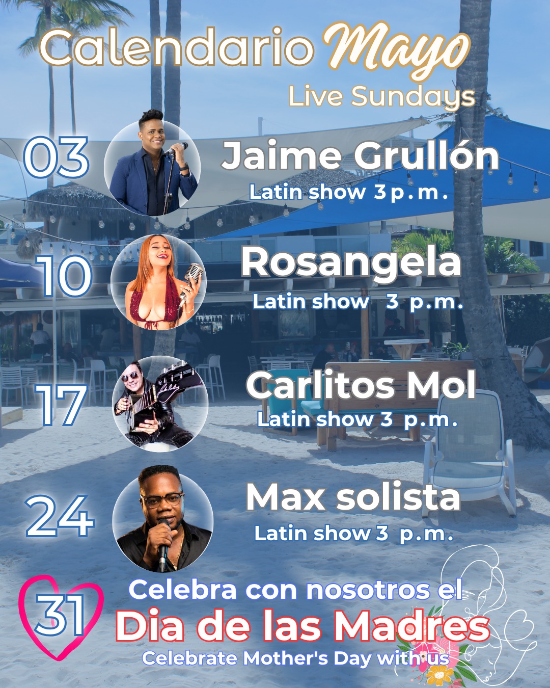 ¡Te presentamos nuestro calendario LIVE SUNDAYS de mayo 2026! 🥳

Cada domingo tendremos para ti música en vivo, donde podrás relajarte y disfrutar al máximo.
Ven y celebra con nosotros el día de la madre 🥰

Nuestro ambiente familiar con parque infantil  y tumbonas frente a la playa, serán el escenario perfecto para los mejores recuerdos para toda la familia 👨👩👧👦

¿Listo para refrescarte con nuestros deliciosos cócteles?. 🍻🍹

Además de deliciosos platos que complementarán tu experiencia en la playa.

 Te garantizamos diversión, seguridad, buena comida y bebidas irresistibles.

📲 Reserva ahora tu palapa o casita en el link de nuestra biografía o en nuestro DM

#beachclubdr #playapuntacana #playasrd #livesunday #palapasbavaro
#puntacana #dominicanrepublic #beachclubpuntacana #Mayo2026 
#beachclubrd #beachclubdr #almuerzopuntacana #tranquilidad
#restaurantepuntacana #puntacanarestaurant #playamusicaenvivo
#bavarorestaurant #confortpuntacana #relaxpuntacana
#puntacanafoodie #ClubDePlayard #NochesMágicasrd
